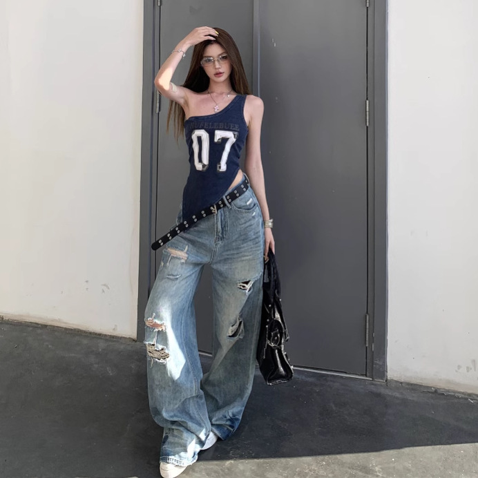 Spring and Summer American Retro Hot Girl Off-Shoulder Tank Top + Women's High Street Ripped Jeans Loose Wide-Leg Floor-Length Pants