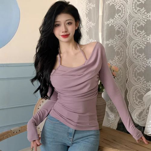 Sexy Pure Desire Half-Sleeve T-Shirt with V-Neck for Women, Autumn Slimming Hot Girl and Mature Lady Swing Collar Base Shirt Top for Women