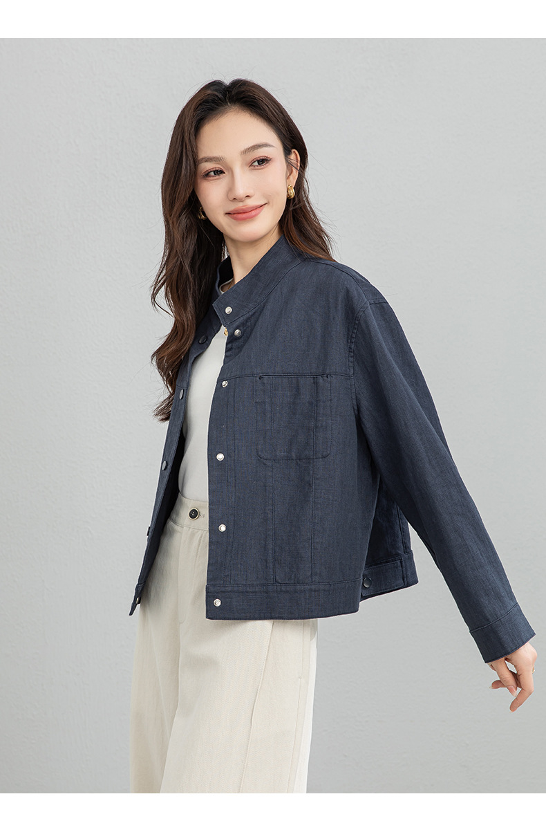 Áo khoác nữ dáng dài cổ đứng tay dài phong cách Hàn Quốc chất liệu ramie cotton thoáng mát — Xám xanh chi tiết 20