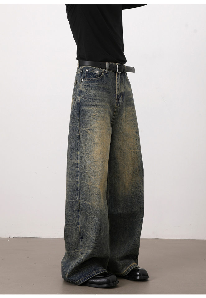 Quần jeans nam dáng rộng ống suông phong cách retro Mỹ, râu mèo xanh, giặt mài làm cũ — Xanh cổ điển chi tiết 15