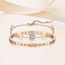 欧美罗马文数字手镯女简约母18K金手环开口饰品钛钢不掉色镯子新