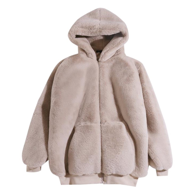 韓国風ゆったりとしたふわふわの女性用冬コート、イミテーションレッキスファー、ミドル丈、2025年新作、厚手のフード付きコート