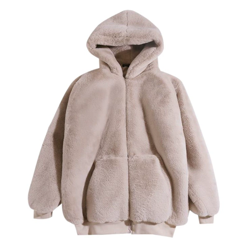 Корейское свободное плюшевое пальто для женщин, зимнее пальто средней длины из искусственного кроличьего меха, новинка 2025 года, утолщенное, с капюшоном