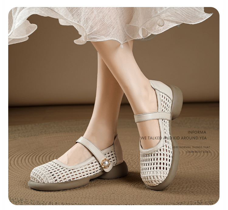 Sandal nữ da thật quai chữ V đan móc mũi kín đế mềm — màu be chi tiết 11