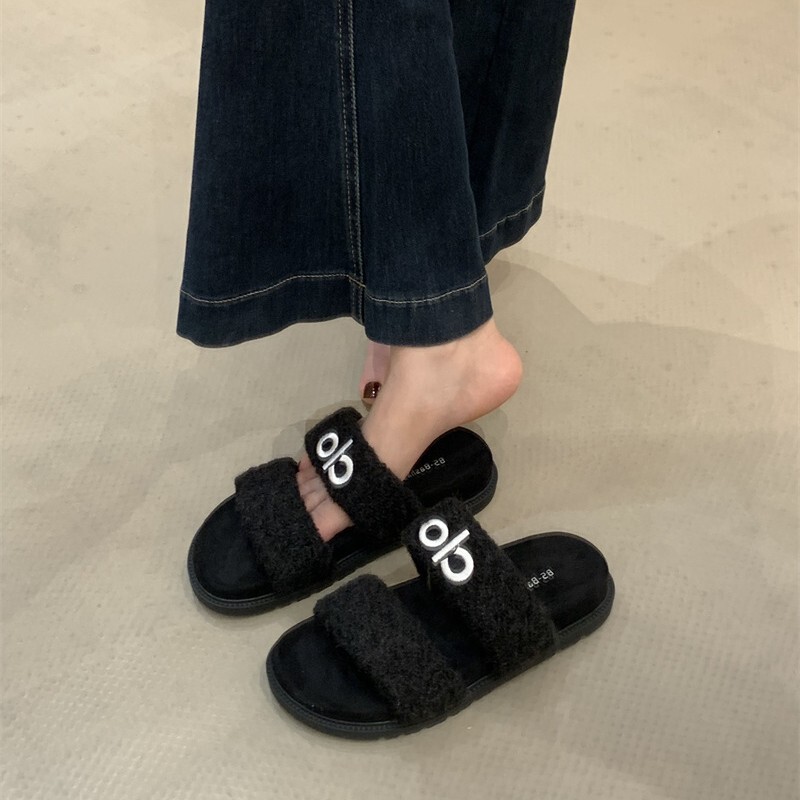 秋冬可爱毛绒拖鞋女双带字母装饰居家拖鞋防滑室内外穿拖鞋子|undefined