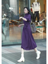 欧货秋装气质名媛女神范高级感高端紫色长袖精致漂亮连衣裙子2563