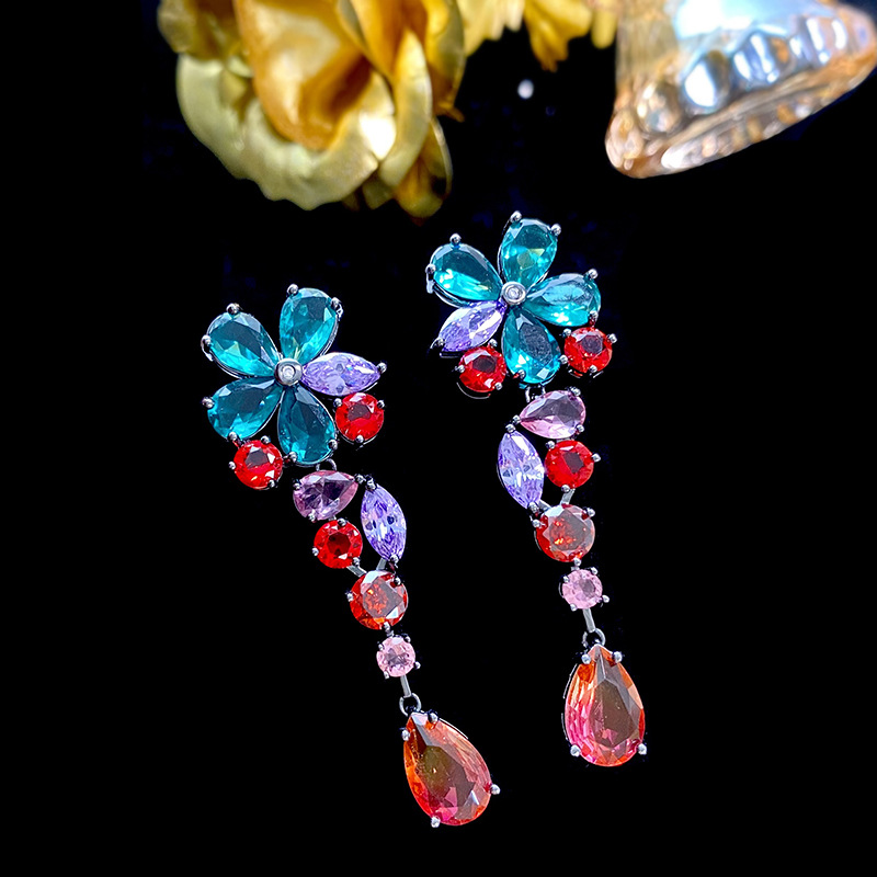 Women's Gender 1 Pair Exaggerated Flower Inlay 925 Sterling Silver Copper Zircon Drop Earrings