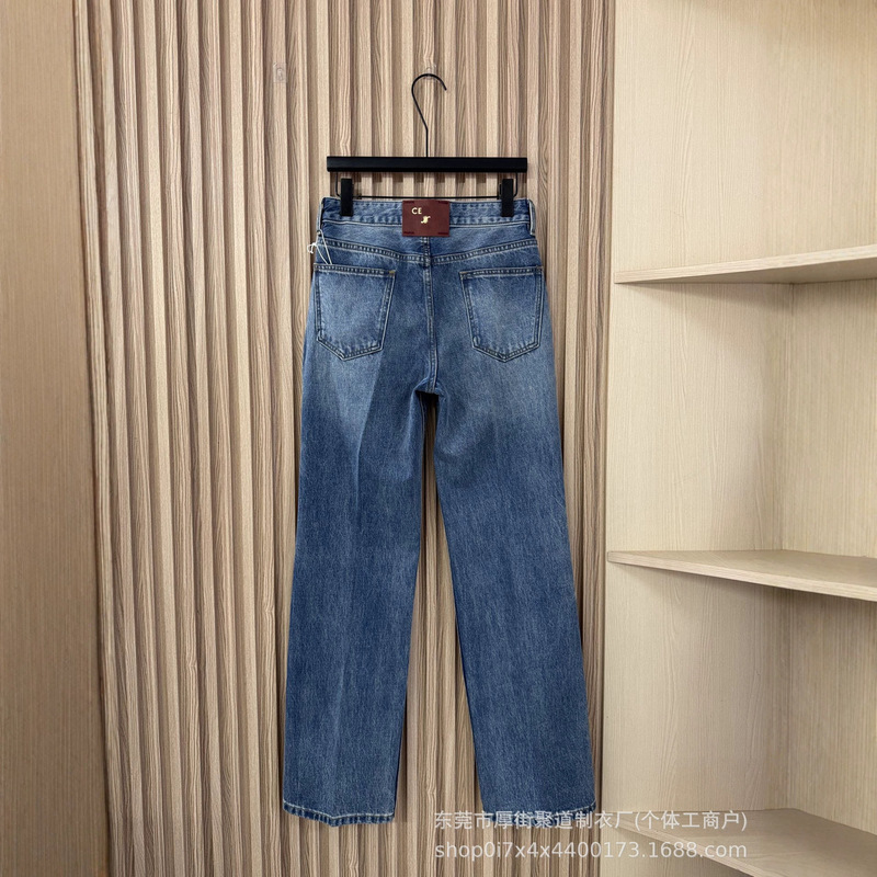 Shenzhen Nanyou High-End Women's Clothing 2026s CE Arc de Triomphe Back Waist Leather Label Washed High-Waisted Slimming Jeans for Women