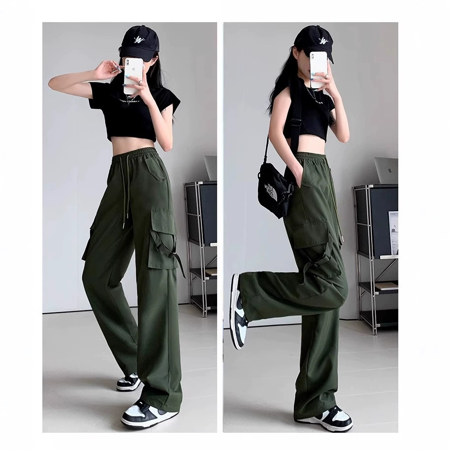 2024 новые черные женские брюки-карго в американском стиле, корейская версия, модные свободные утягивающие прямые брюки-джоггеры с высокой талией в стиле ретро.