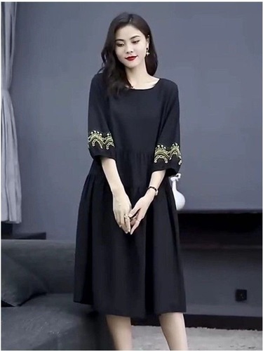 Round Neck Embroidered Ethnic Style Dress New Plus Size Spring and Autumn Women's Retro Splicing Loose Slimming Skirt