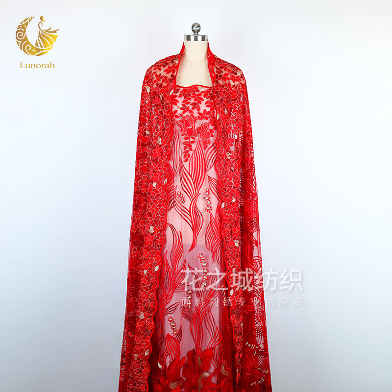 [In stock] artificial silk thread leaves floral flat embroidery pattern embroidered mesh gauze gauze wedding dress fabric computer embroidery