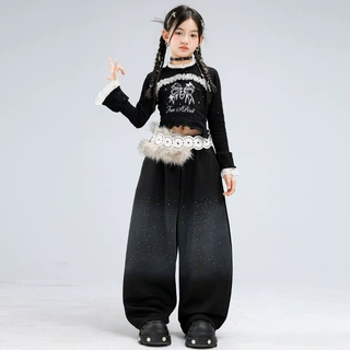 儿童爵士舞服装时髦闪钻女童舞蹈服jazz露脐女孩蝴蝶结街舞表演服