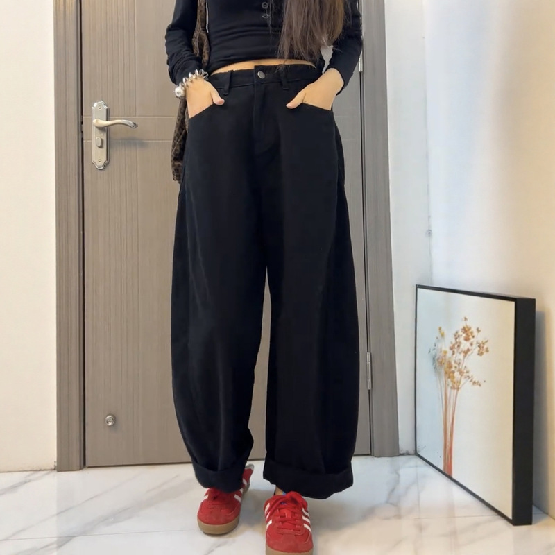 大码阔腿牛仔裤女秋冬2025新款高腰胖mm显瘦宽松卷边直筒老爹裤子|undefined