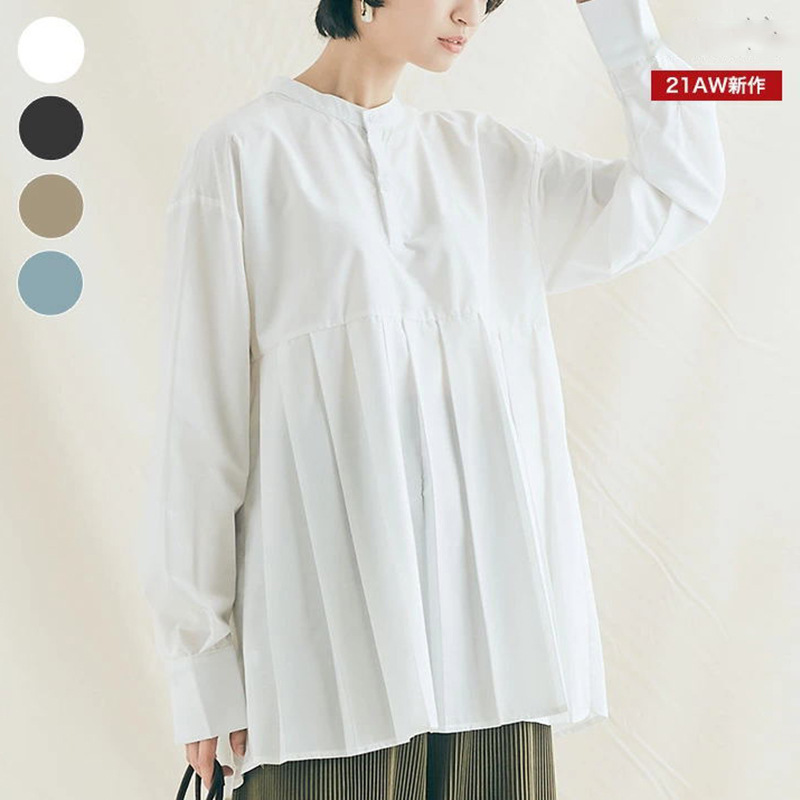 Japan's Rakuten New Product 4 Colors Spring and Summer Loose Casual Pleated Shirt Women's Mid-Length Bottoming Women's Shirt New Style