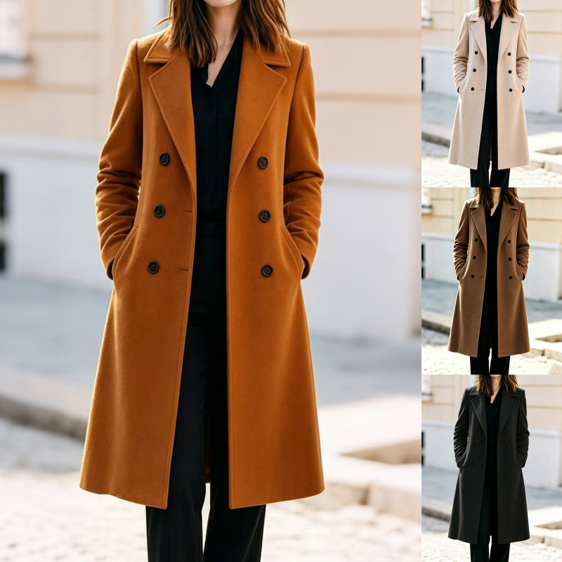 Amazon's best-selling independent website item: Autumn/Winter Simple Double-Breasted Long-Sleeved Solid Color Wool Coat for Women.