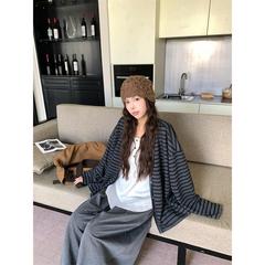 实拍~慵懒风百搭条纹v领开衫外套女韩系上衣+内搭背心+长裤三件套