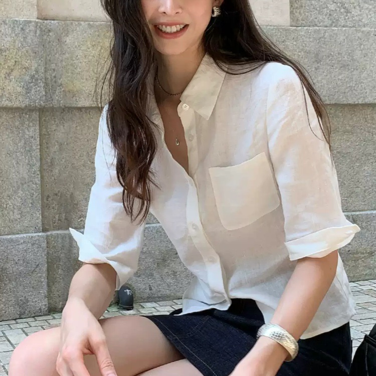 Pusumed Fashionable Intellectual Linen Mid-Sleeve Shirt for Women, Workwear Shirt with a Cinched Waist and Elegant Style Pusumed Fashionable Intellectual Linen Mid-Sleeve Shirt for Women, Workwear Shirt with a Cinched Waist and Elegant Style