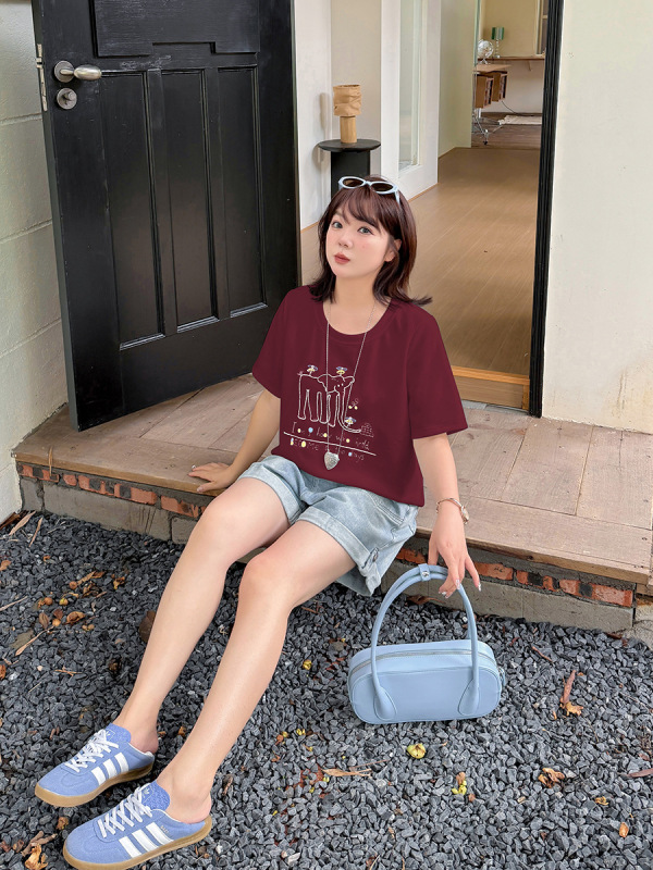 Aiyuan 2025 新しい大きいサイズの女性のファット mm 夏の気質ファッション漫画象ラウンドネック Tシャツ 9009|undefined