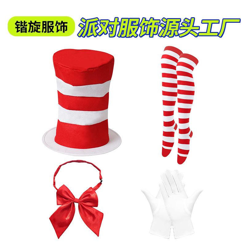 Carland Spin Halloween Cat Red and White Top Hat Headband Gloves Bow Cat Face Tattoo Set Holiday Party Accessories