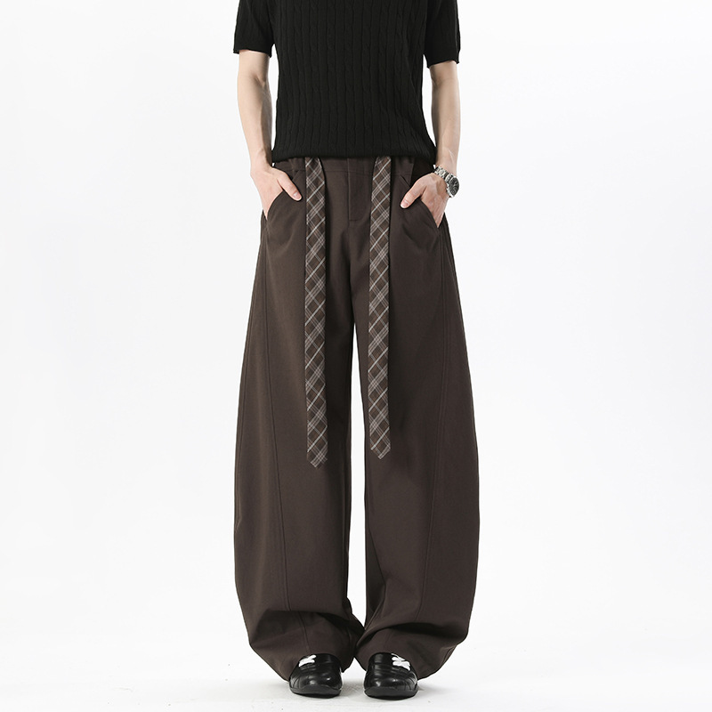 American Retro Dark Brown Plaid Ribbon-Tie Trousers for Men, with a Tapered Fit and a Draping Effect, Casual Long Pants