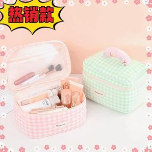 Korean Style Plaid Makeup Bag Women's Large Capacity Portable Storage Bag Travel Wash Green White Plaid White Screen