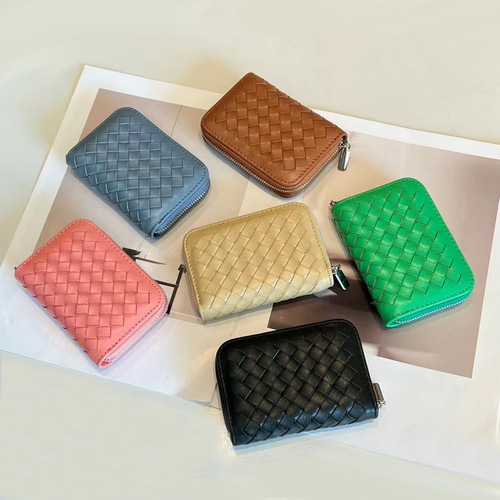 Sheepskin woven women's short card holder  new live broadcast exquisite compact large capacity card holder genuine leather bag
