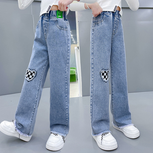 Girls' wide-leg jeans spring and autumn new children's clothing wholesale Internet celebrity trend medium and large children's pants straight pants