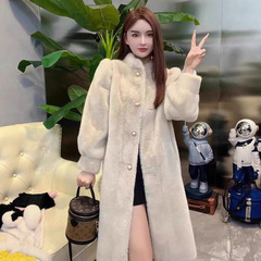 女性用の長い韓国スタイルのパフスリーブファーコート、長い毛皮のオールインワンの厚い模造ミンクベルベットの環境に優しい毛皮のコート
