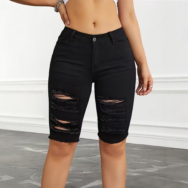 High-Waisted Ripped Denim Shorts for Women, Summer European and American Hot Girl Style, Stretchy, Slim-Fit, Versatile Cycling Shorts