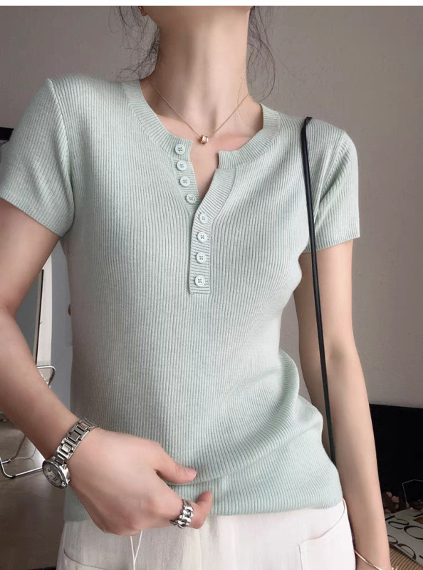 フレンチミルク黄色半ボタンvネック半袖tシャツ女性2025春夏修身洋気百合坑条ニット上着|undefined
