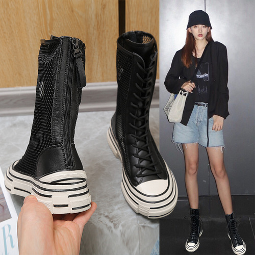 Women's Genuine Leather Mesh Boots  New Summer Thin Mid-Calf Martin Boots Fashionable and Versatile White Hollowed-Out Sandals