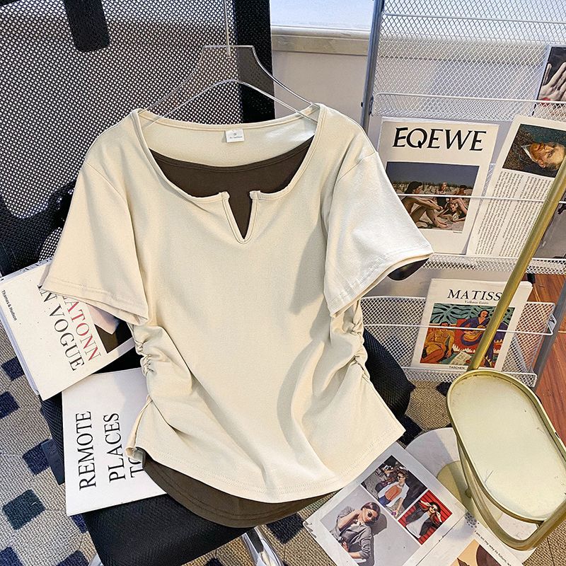 Nuevo algodón falso de dos piezas de empalme de color contraste blusa de manga corta hombro de verano delgado nicho camiseta dulce mujer