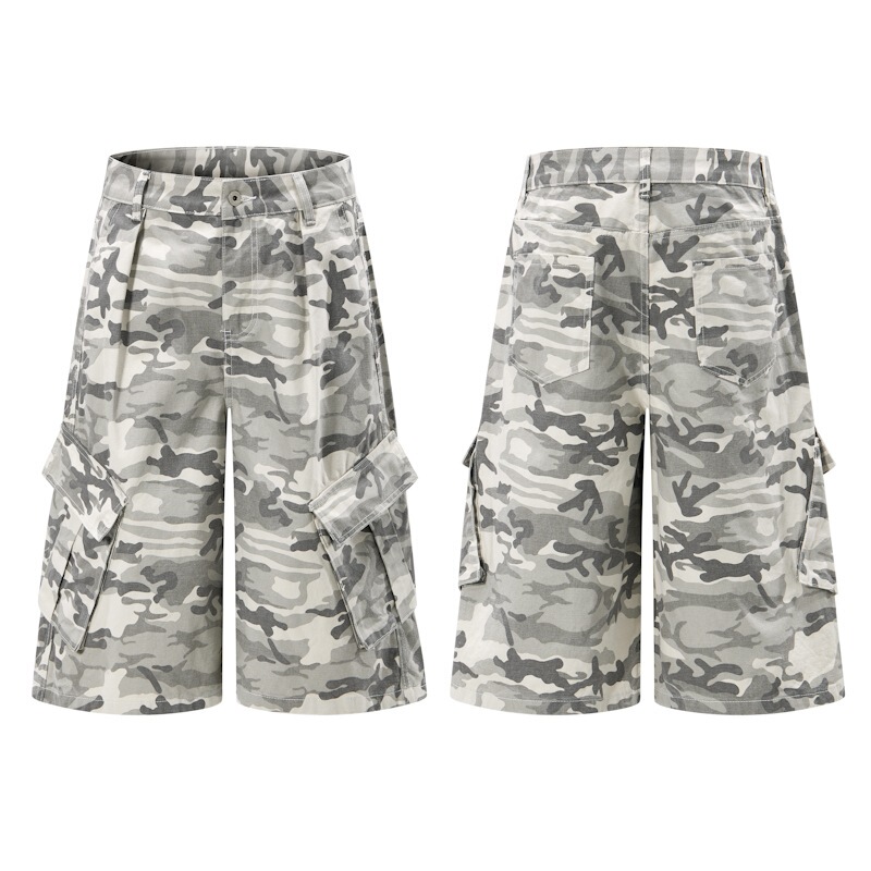 American High Street Vibe Wide-Leg Camouflage Cargo Shorts for Men, Trendy Brand, Cool and Stylish, Loose Straight-Leg Seven-Point Pants, Casual Mid-Length Pants