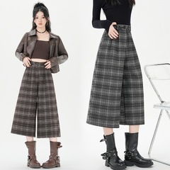 韩系2025洋气显瘦过膝八分格子裤女宽松复古靴裤阔腿休闲时尚中裤