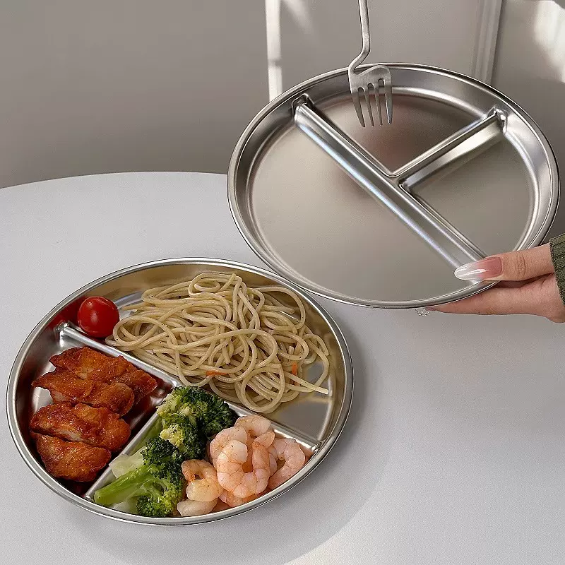 减脂餐盘分格减肥专用不锈钢家用定量碗分餐盘健身三格圆盘备菜盘