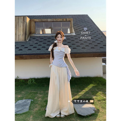 雰囲気のある花のワンショルダー T シャツ女性の夏のデザインニッチ純粋な欲望スタイル不規則なスリム リボン トップ