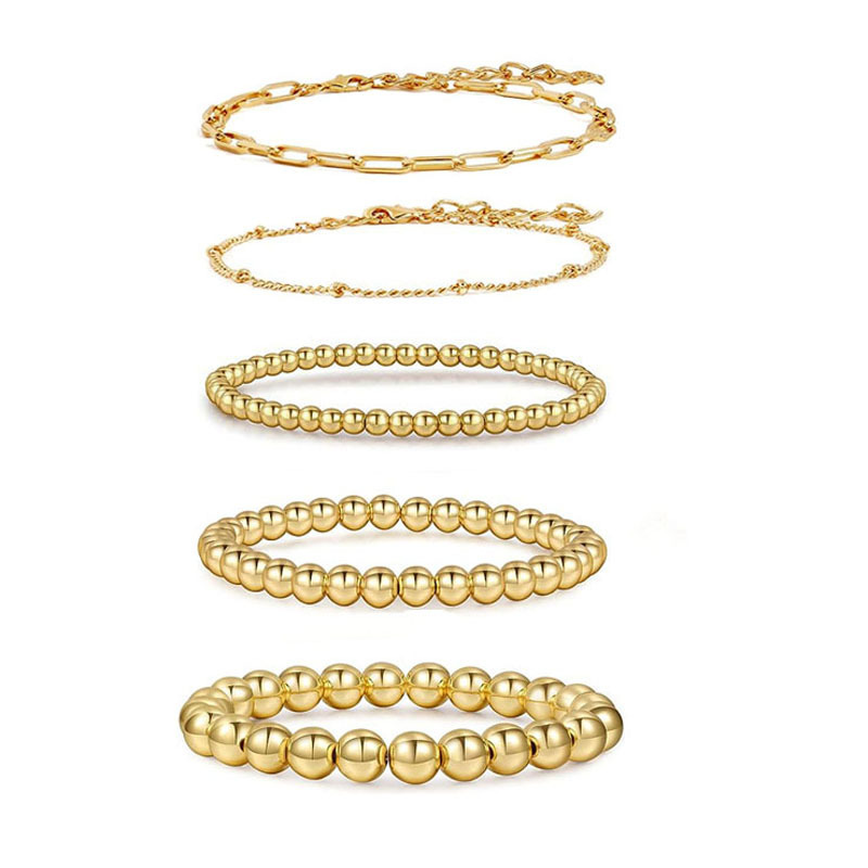 European and American Fashion Versatile Paperclip-Shaped Bracelet Cuban Chain Exquisite Layered Stacked Gold Bead Bracelet Set
