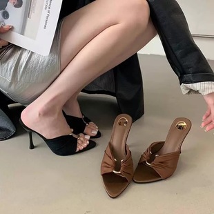 2025 New Summer Style Pointed Toe High Heels, Stiletto Heels, Brown Sandals, Half Slippers, Women's Sandals, Sexy and Versatile Open Toes