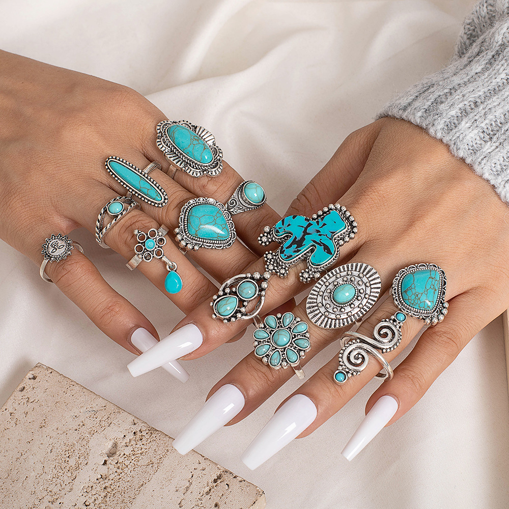 December Birthstone Turquoise, Turquoise Inlay Material 14 Pieces 1 Set 4 Pieces Cactus Leaf Rings Alloy December Birthstone Turquoise Turquoise Women's Hip-Hop Retro Rings