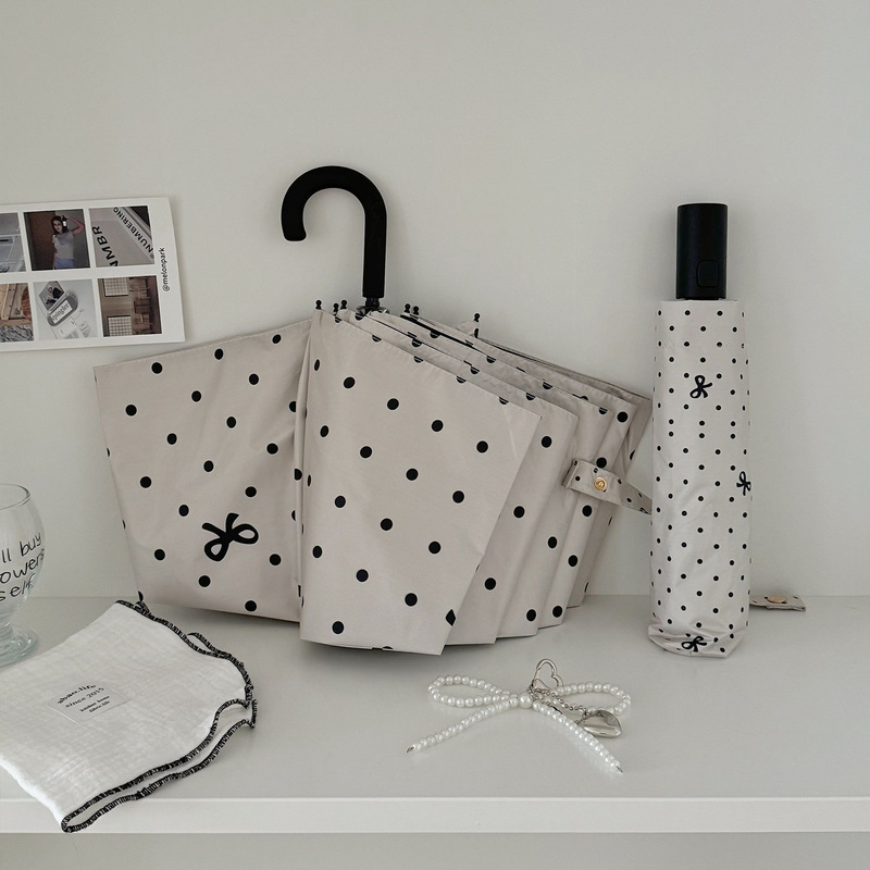 Beige Polka Dot Bow Folding Umbrella, Sun Protection, Uv Protection, Black Plastic Sunshade Umbrella, Dual-Use for Sun and Rain, Portable Sun Umbrella Beige Polka Dot Bow Folding Umbrella, Sun Protection, Uv Protection, Black Plastic Sunshade Umbrella, Dual-Use for Sun and Rain, Portable Sun Umbrella