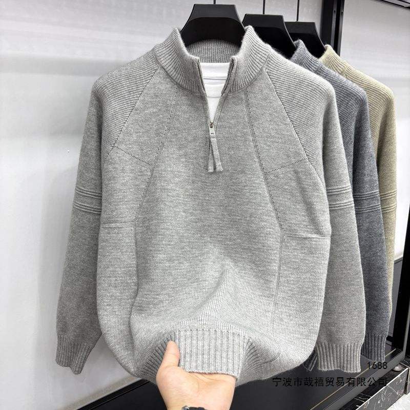 Men's autumn/winter half-high knit zip-up sweater, stand-collar solid color versatile casual top.