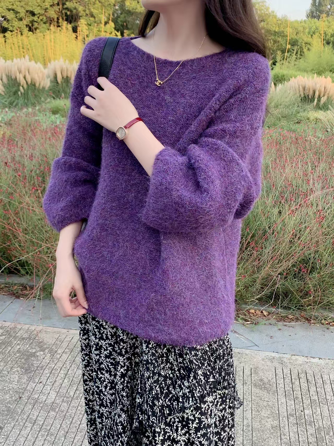 Cross-border coreano otoño y invierno nuevo cuello redondo suelta camisa de punto para mujeres perezosa pluma de color sólido suave glutinosa suéter para mujeres