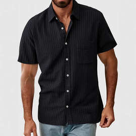 2026夏季亚马逊跨境新款男士纹理感衬衫短袖休闲宽松褶皱口袋衬衣