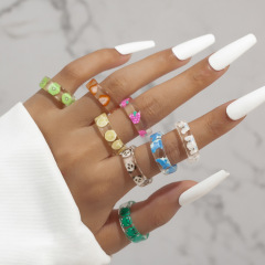 Acrylic Panda Cat Bear Strawberry Color Set Finger Ring for Women, Unique Design, Non-Chip Resin Ring