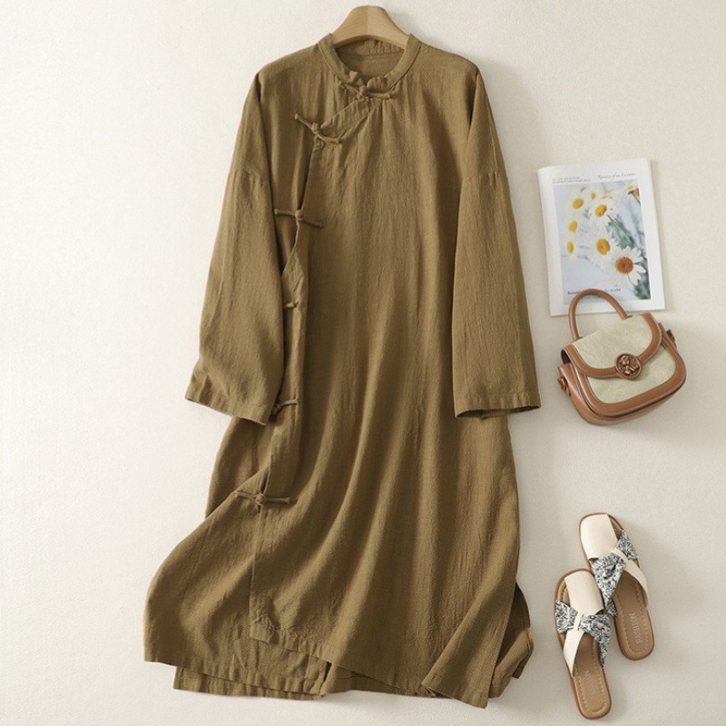 2025 New Autum Loose Plus Size Women's Loose Slimming Look New Chinese Zen Cotton and Linen Layman's Dress