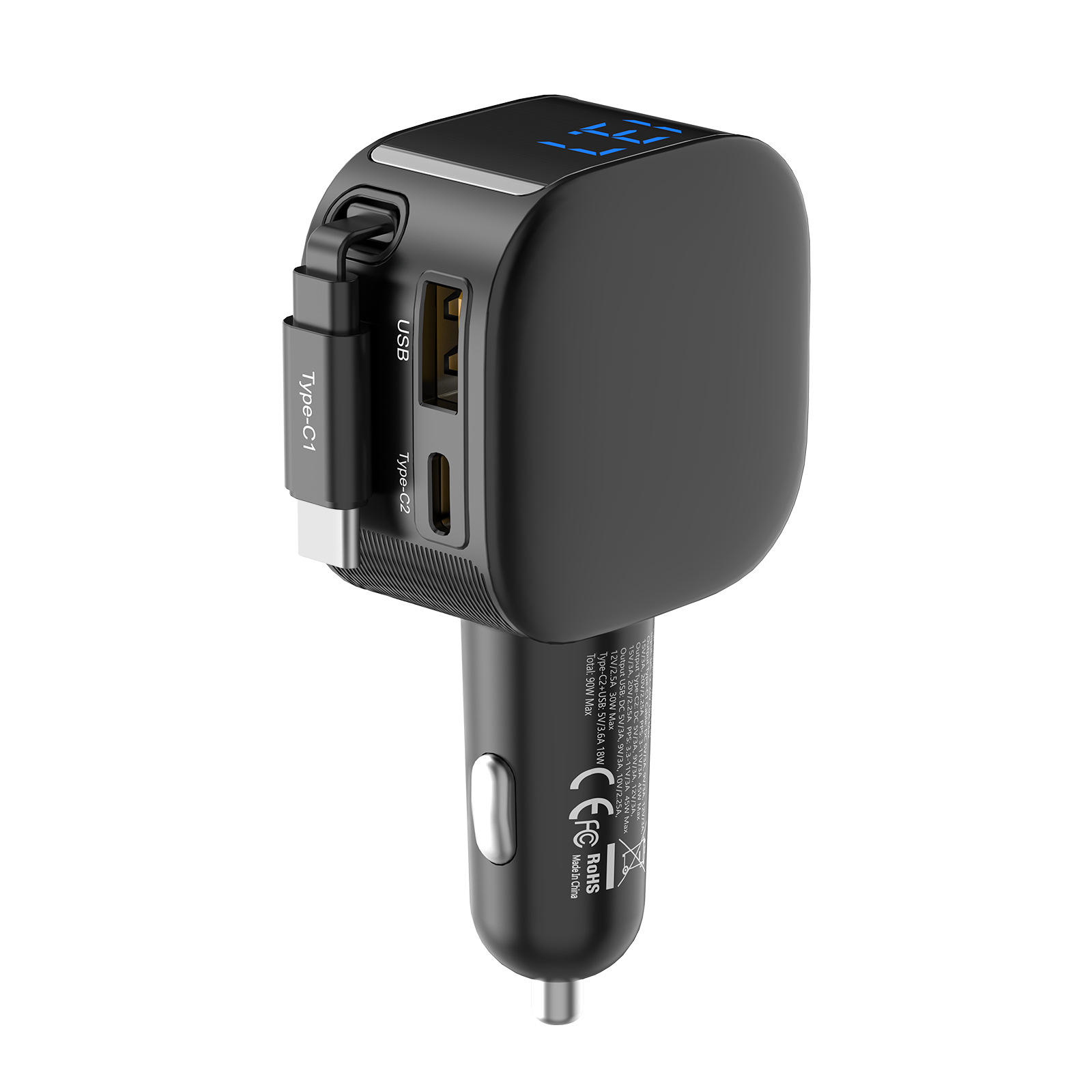 跨境超级快充USB-C车载手机充电器伸缩线二合一PD车充90W新品批发