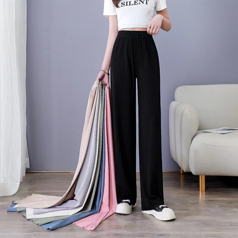 Women's Trousers Summer Women's Foreign Trade Ice Silk Wide-Leg Trousers New Thin Style Small Drape Straight High-Waisted Casual Floor-Length Trousers