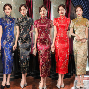 Chinese dresses for women oriental retro qipao dresses host singers stage performance miss etiquette Cheongsam short-sleeved long brocade Chinese style long dresses