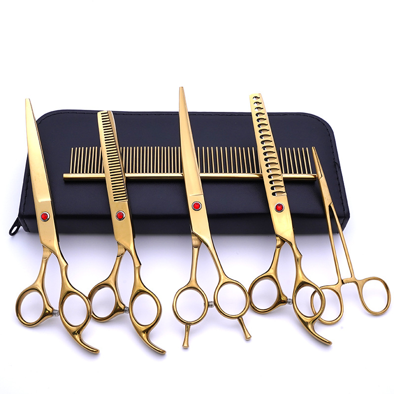 Fabricante de juegos de tijeras para mascotas, tijeras de peluquería canina al por mayor de 7 pulgadas, suministros morados para perros.