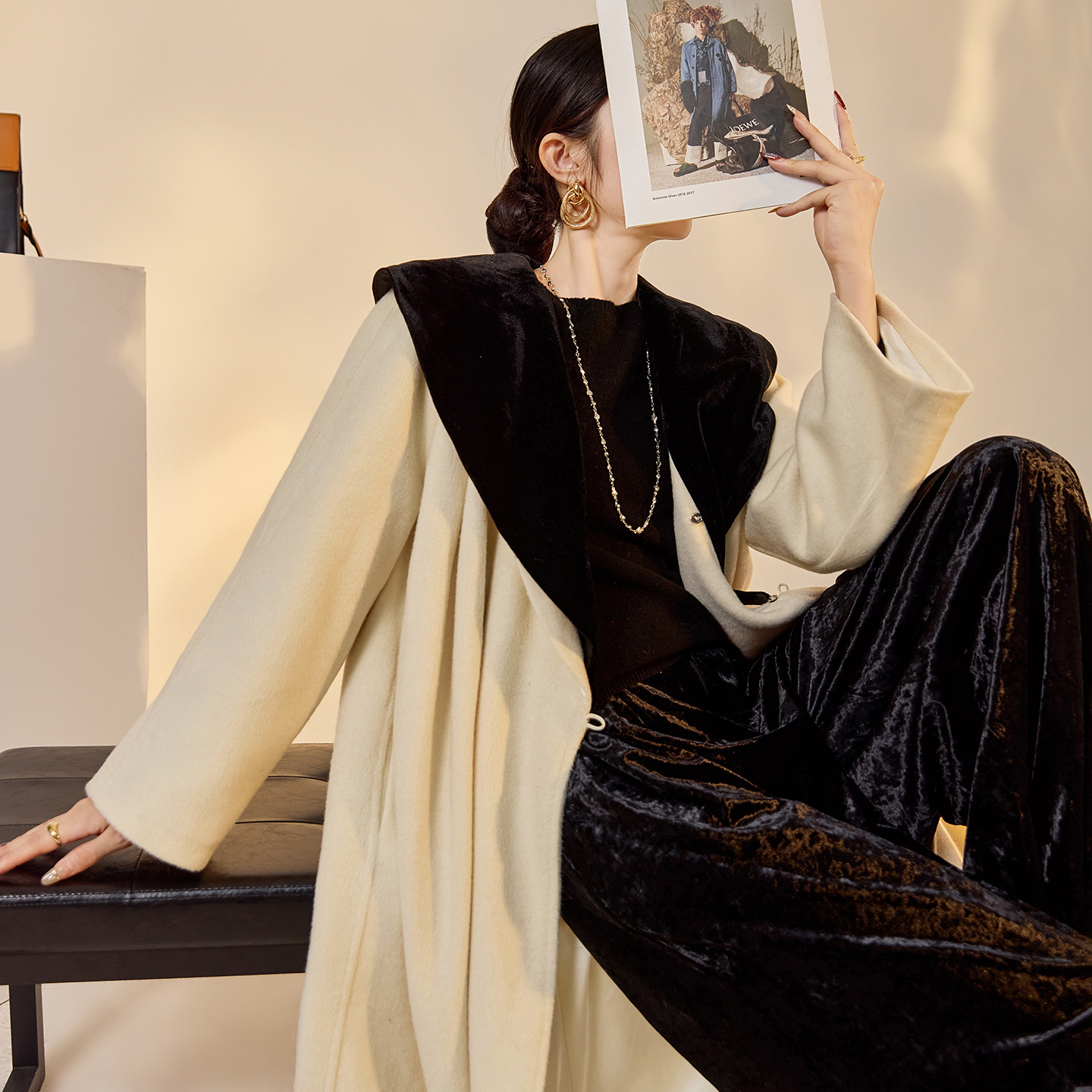 Korean Contrasting Velvet Collar Long Wool Outwear Autumn and Winter New Versatile Elegant Woolen Outwear Women's Nx044